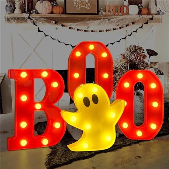 Halloween Decorations Indoor - 4 LED Light Up Letters Boo and Ghost Marquee Sign - Picture 1 of 7